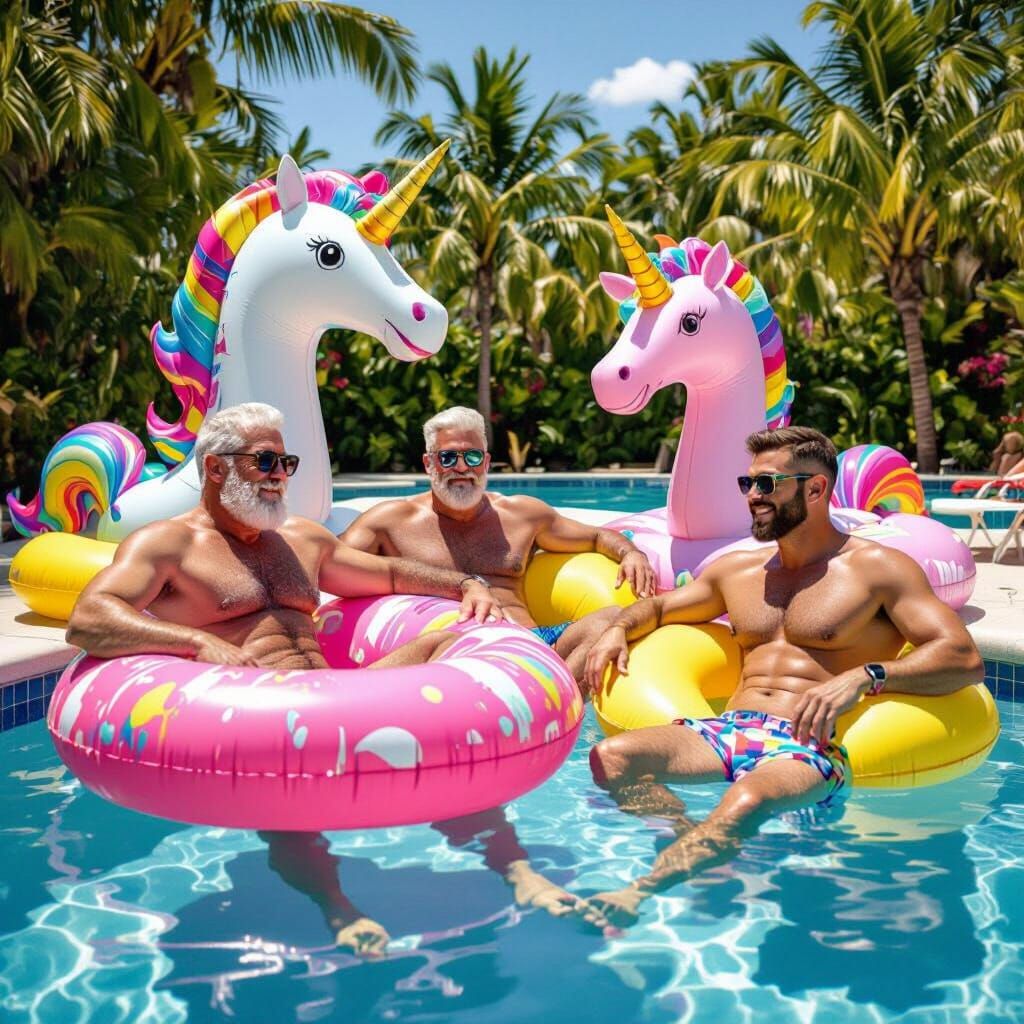 Pool Party with Unicorn Floaty in Vibrant Figurative Style