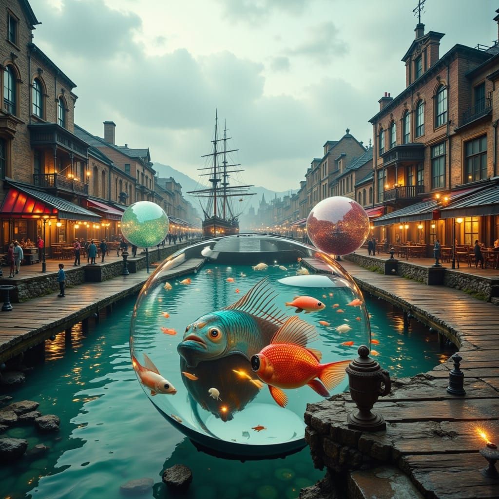 Glass Basin Reflecting Ancient Harbor in Hyperrealism