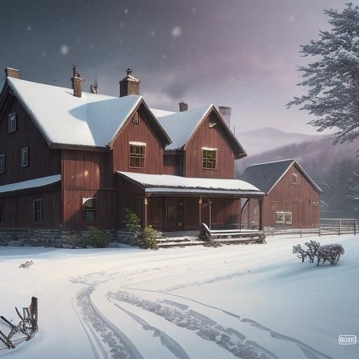 Snowy Farmhouse in Hyperrealistic Splash Art