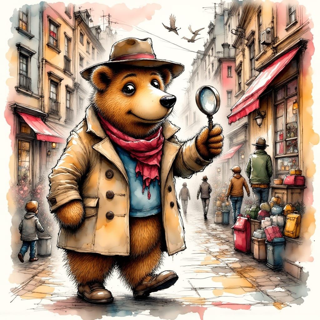 Cartoon Bear Detective Investigates Theft in Hand-Drawn City