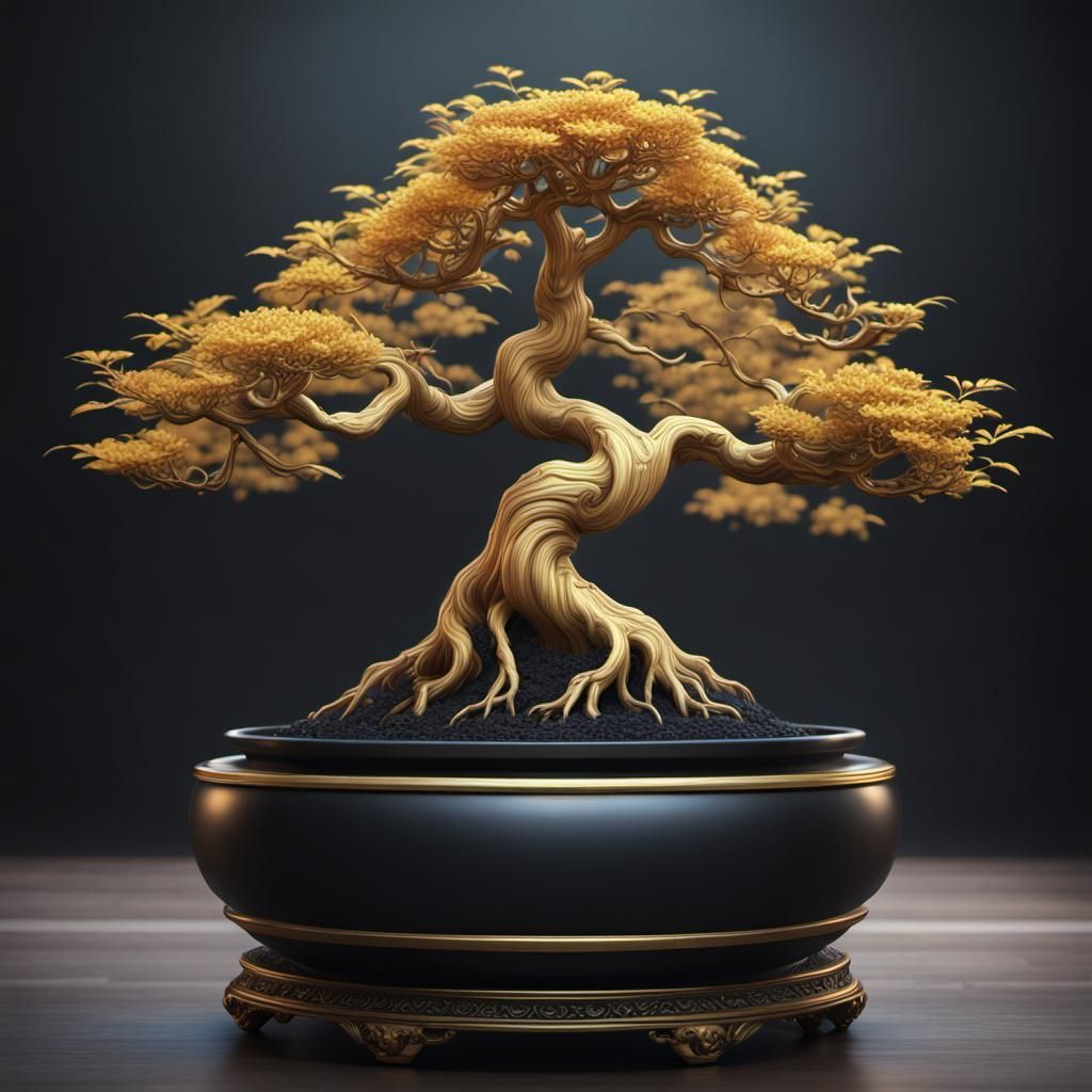 A golden Bonsai tree in a black vase