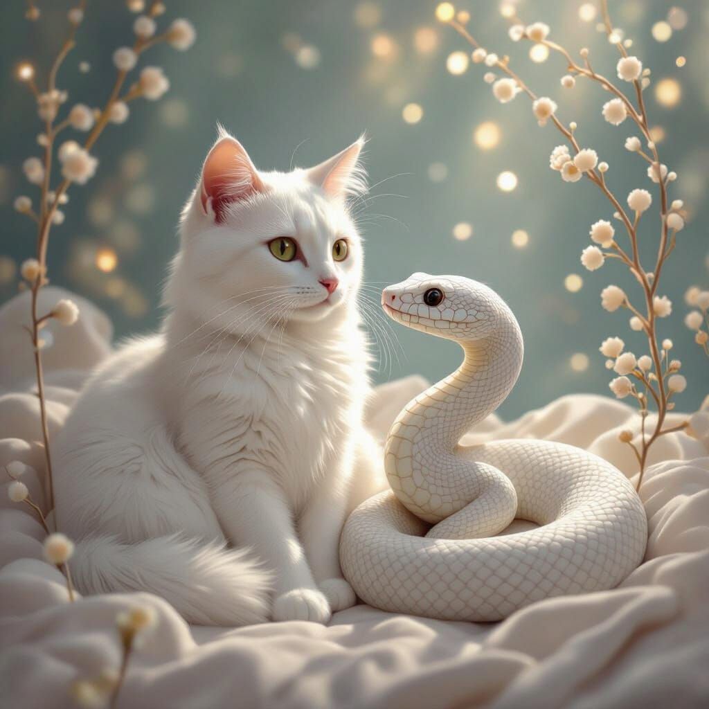 Harmonious White Cat and Snake in Ethereal Style