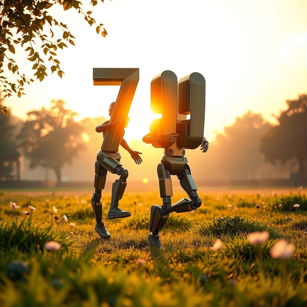 Hyperrealistic Humanoid Numerals Jog in Sunset Paradise
