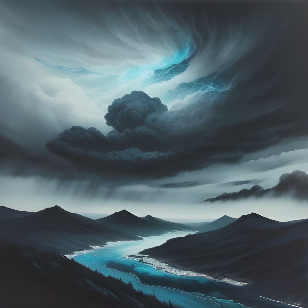 Dark Storm Clouds Over Mountains in Ukiyo-e Style