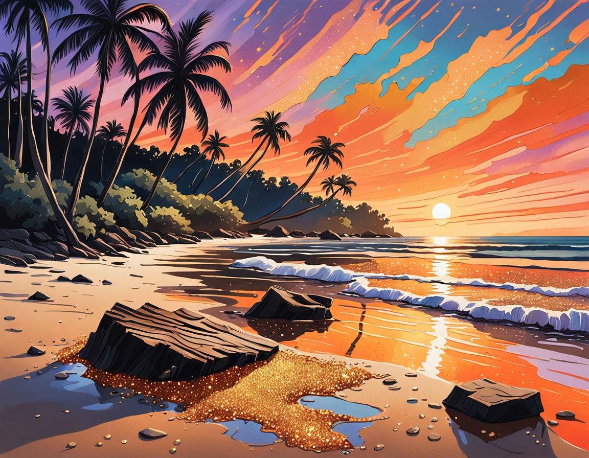 Golden Sunset Beach Scene as Gouache Concept Art