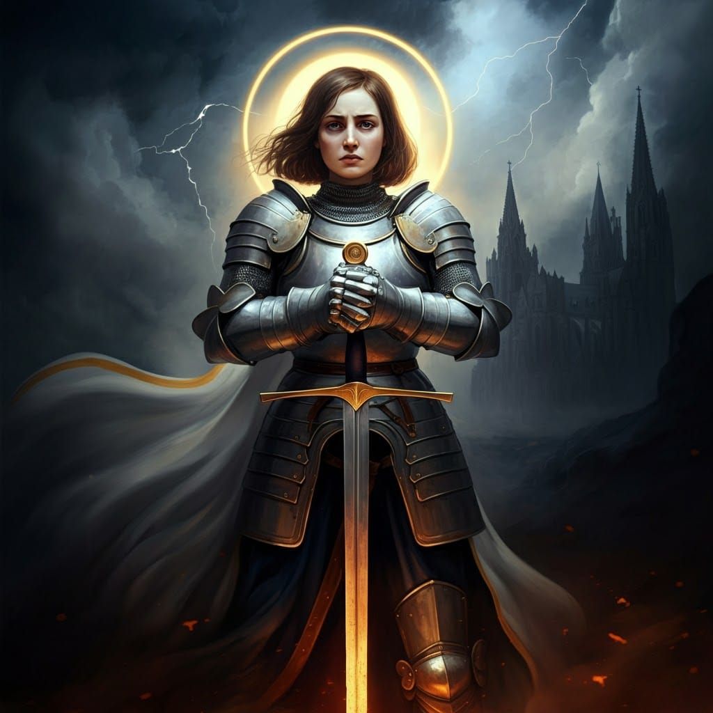 Epic Joan of Arc in a Stormy Landscape