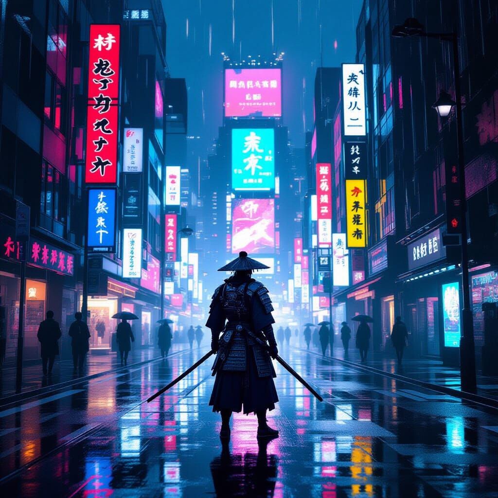 Cyberpunk Samurai in Neon Tokyo: Hyperrealistic Digital Art