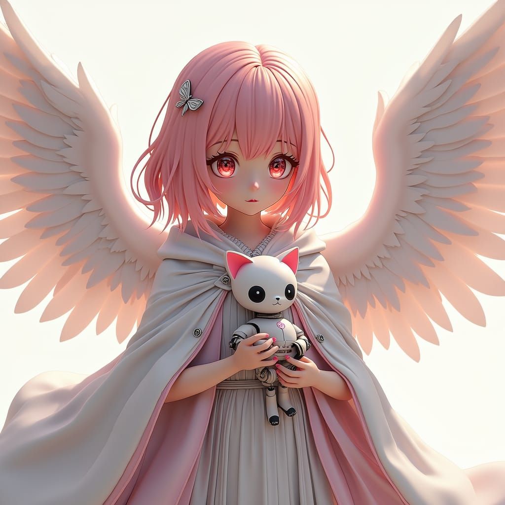 Anime Girl with Robot Cat and Wings
