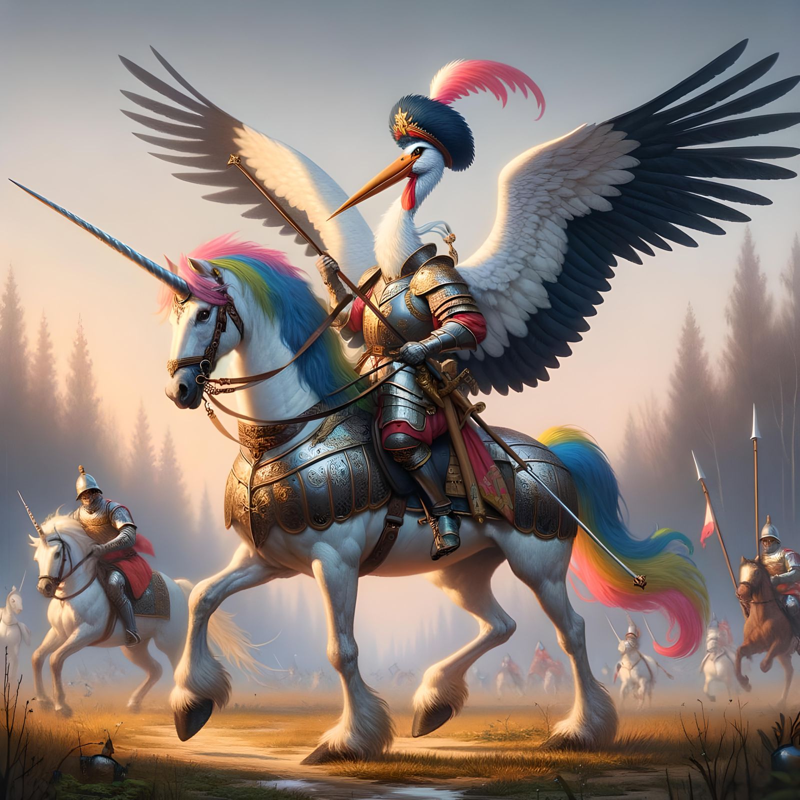 Stork Winged Hussar Rides Armored Unicorn
