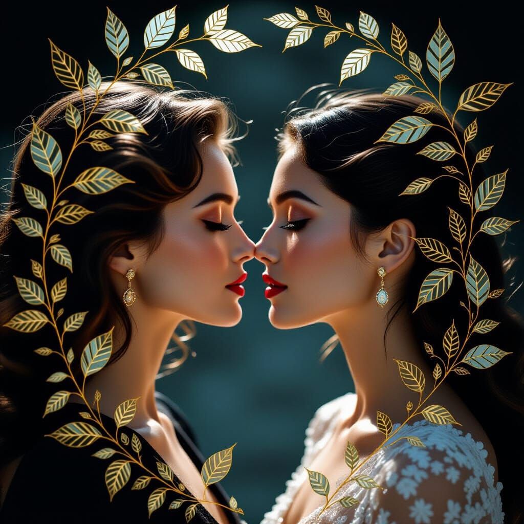 Kiss with Golden Lines and Glass Leaves
