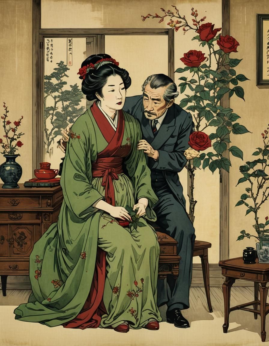 Hokusai Style Painting of Parents' Sadness