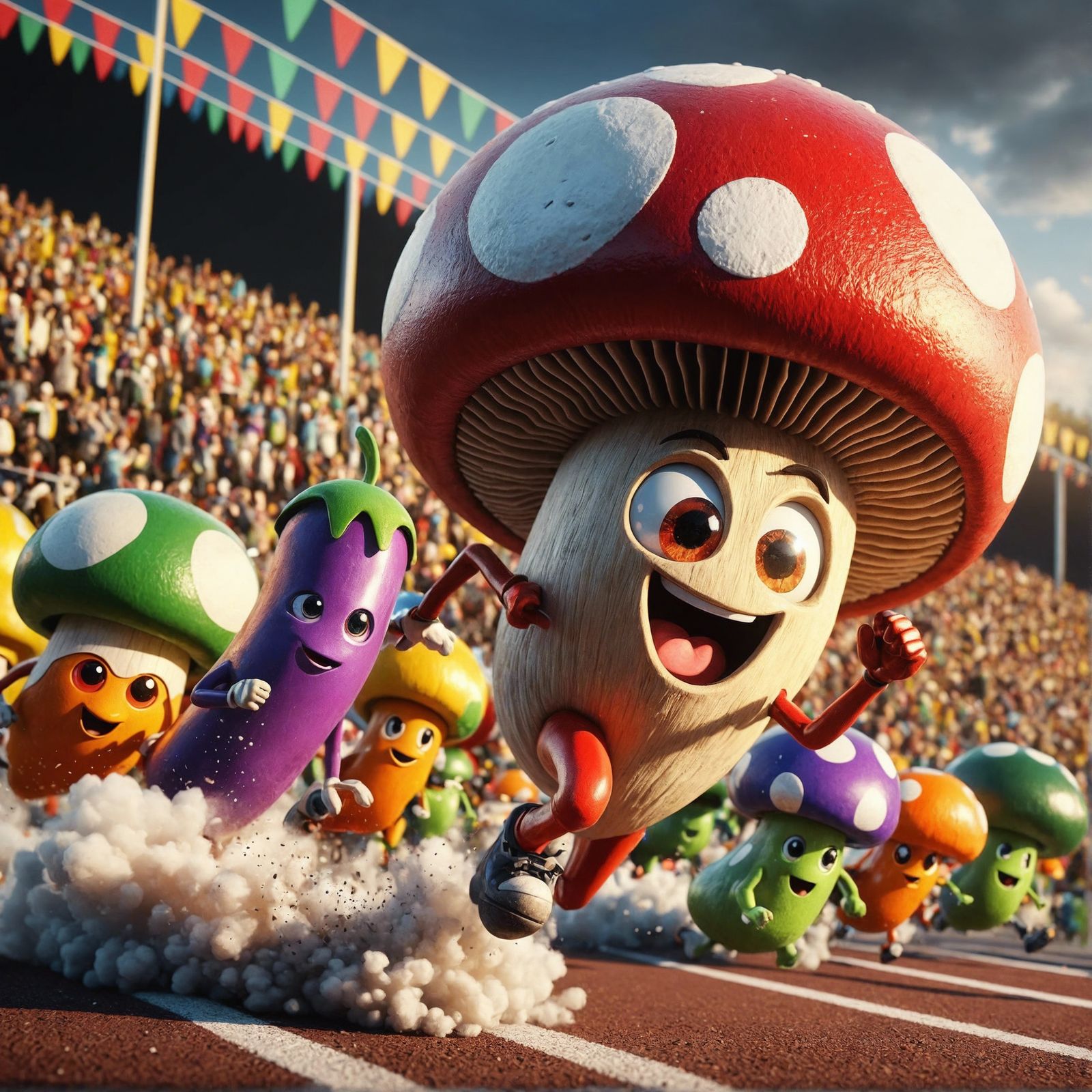Anthropomorphic Mushroom Races in a 3D Rendered Scene