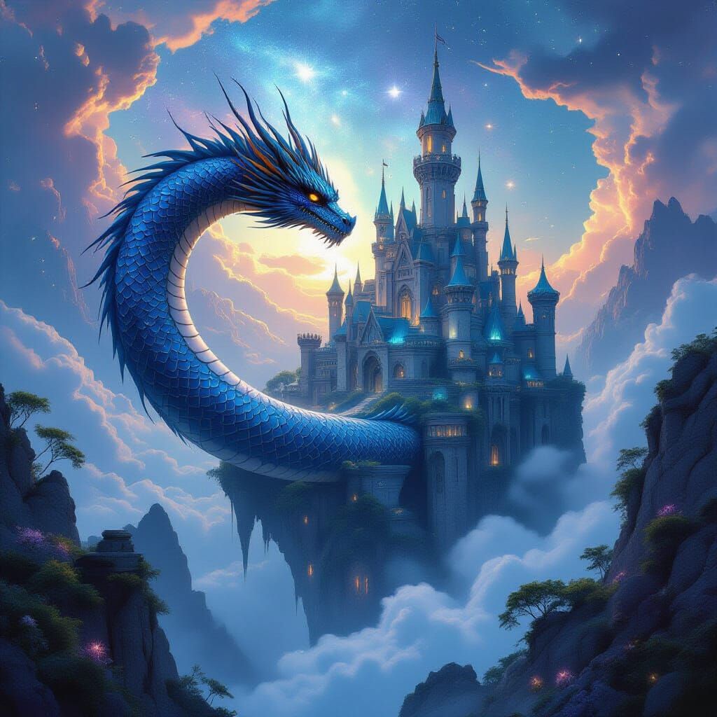 Dragon Around Cosmic Castle in Surreal Fantasy Scene