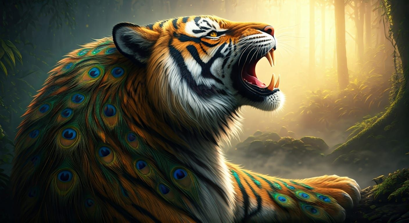 Iridescent Peacock Feather Tiger Roaring in Jungle