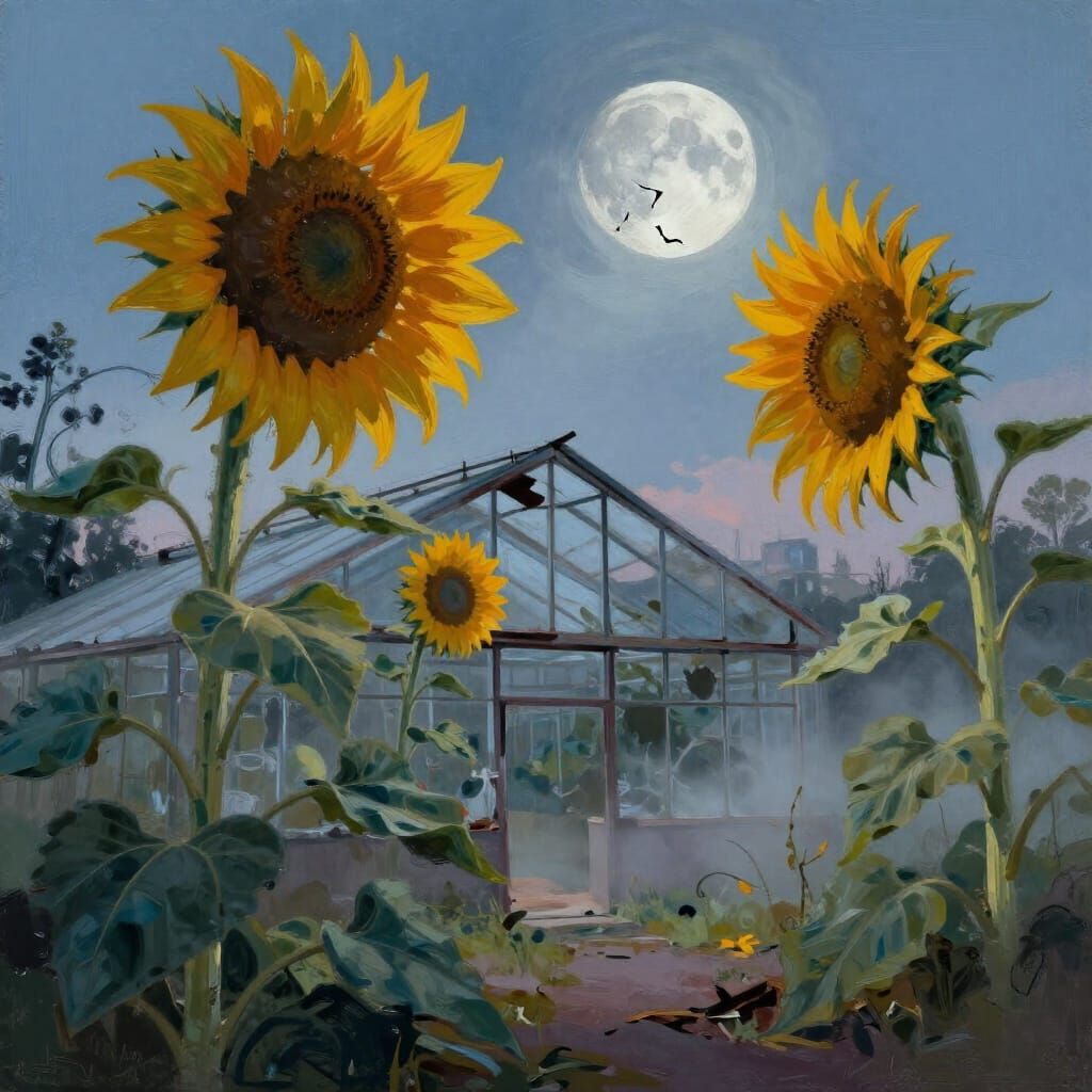 Ethereal Sunflowers in Abandoned Greenhouse at Twilight