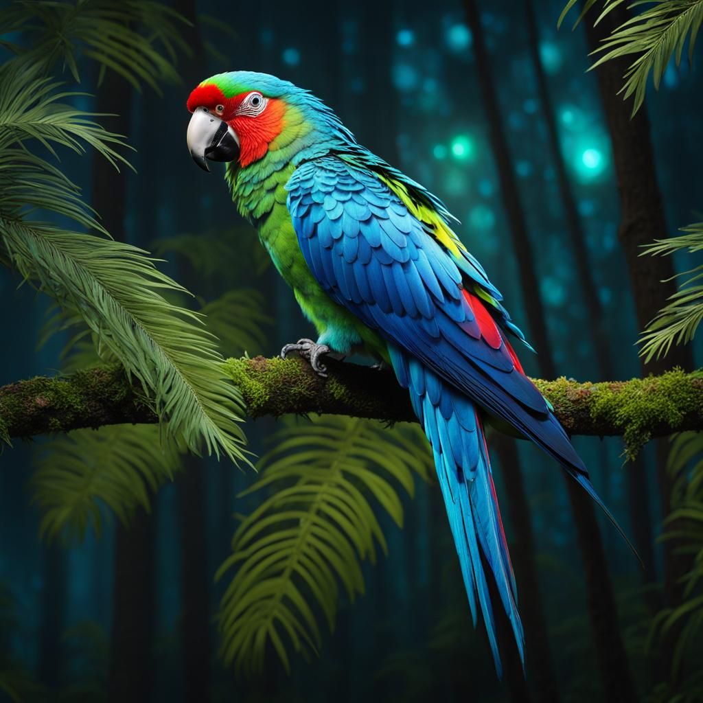 Luminous Parrot in Night Forest: Anne Stokes Style