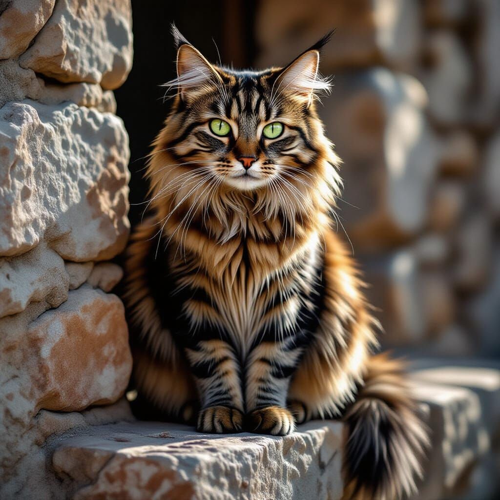 Regal Scarred Tabby Cat on Stone Wall