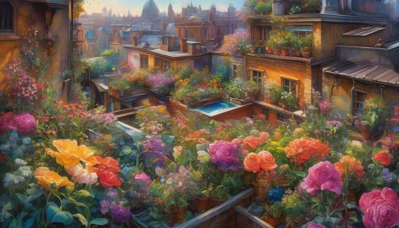 Rooftop Garden of Love: Watercolor Splash Art