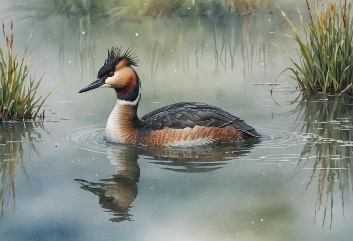 Great Crested Grebe in Misty Lake: Watercolor