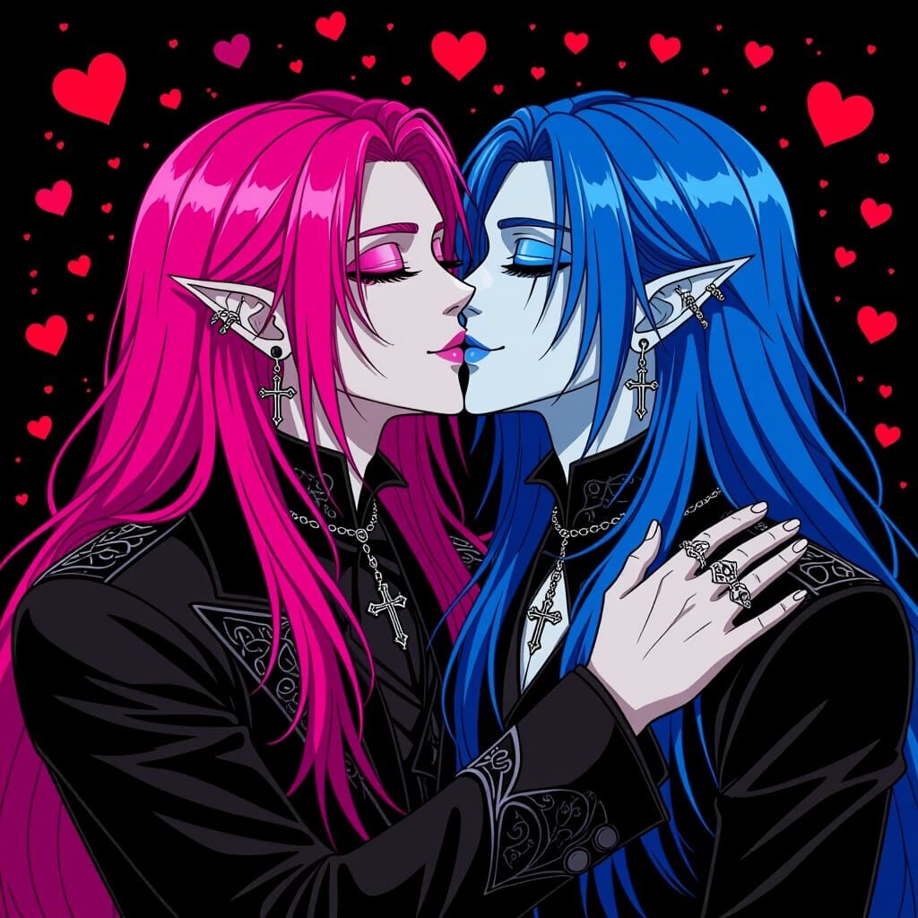 Gothic Romance Kiss in Alcohol Line Art Style