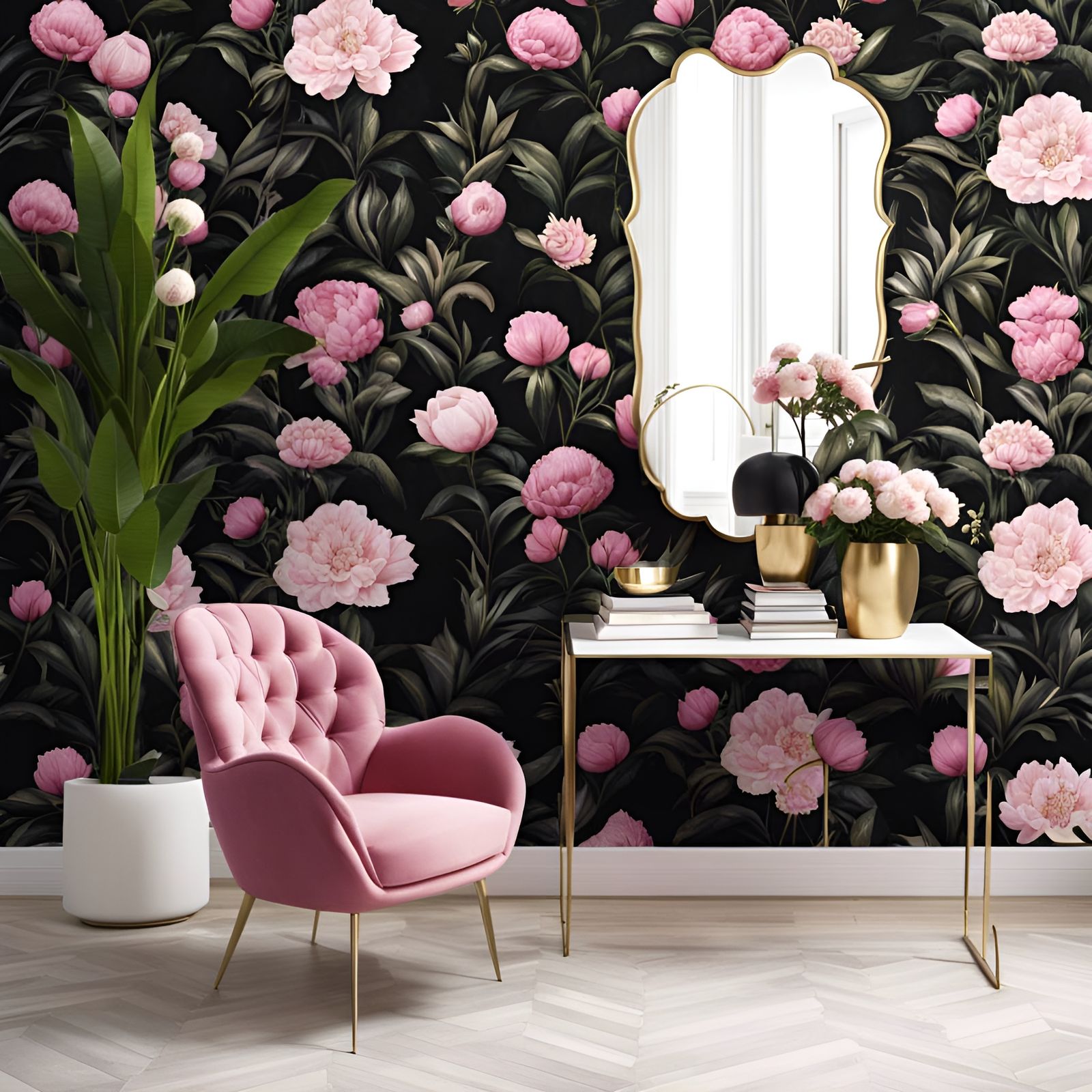 Cozy Room with Peony Wallpaper and Pink Chair