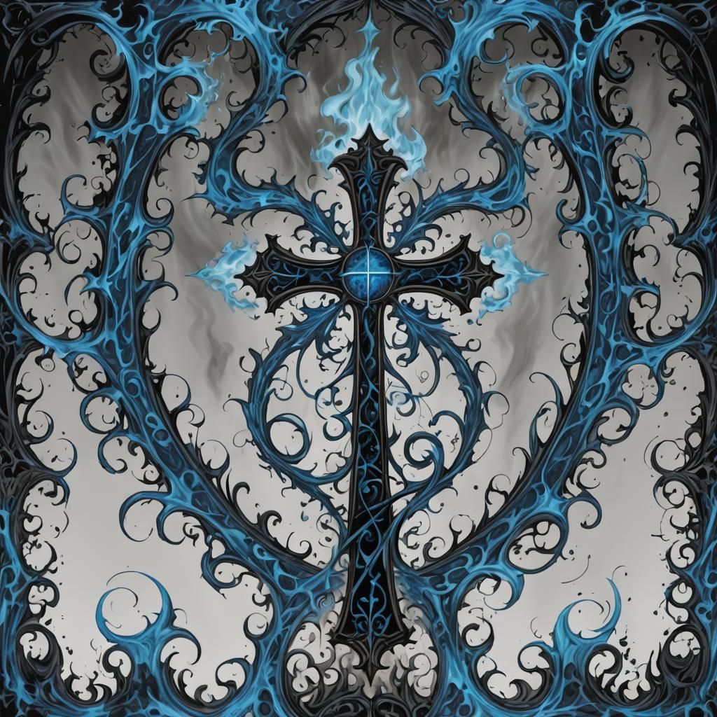 Blue Flame Gothic Cross Against Black Void