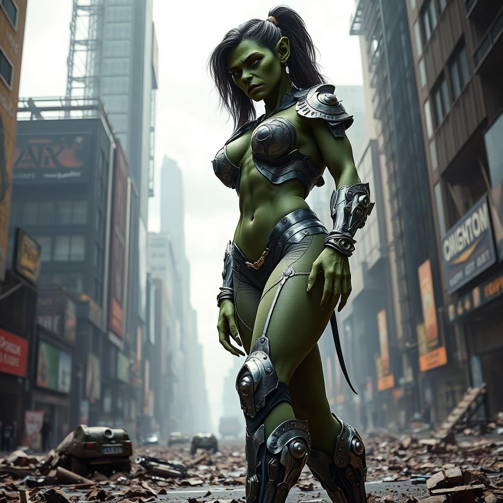 Imposing Female Orc in Dystopian Sci-Fi Landscape