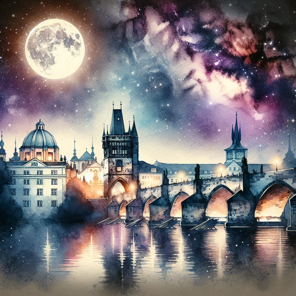 Prague's Charles Bridge Under a Watercolor Milky Way
