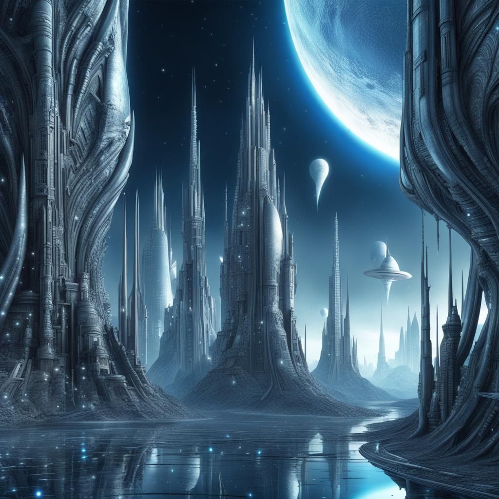 Cosmic Alien City with Blue and Silver Towers
