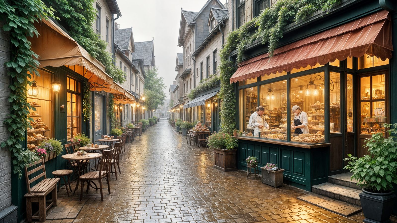 Cozy Gouache Painting of a Baker in Gentle Rain