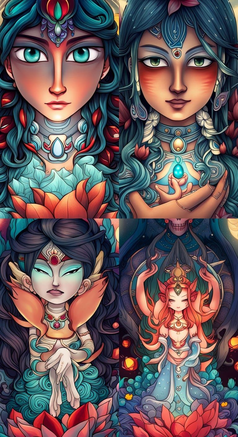 Chibi Hindu Goddess with Glowing Skull in Anime Art