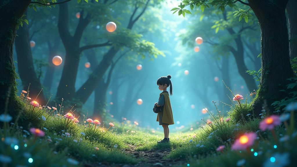 Enchanted Forest: Adventurer Amidst Glowing Orbs, Anime Styl...