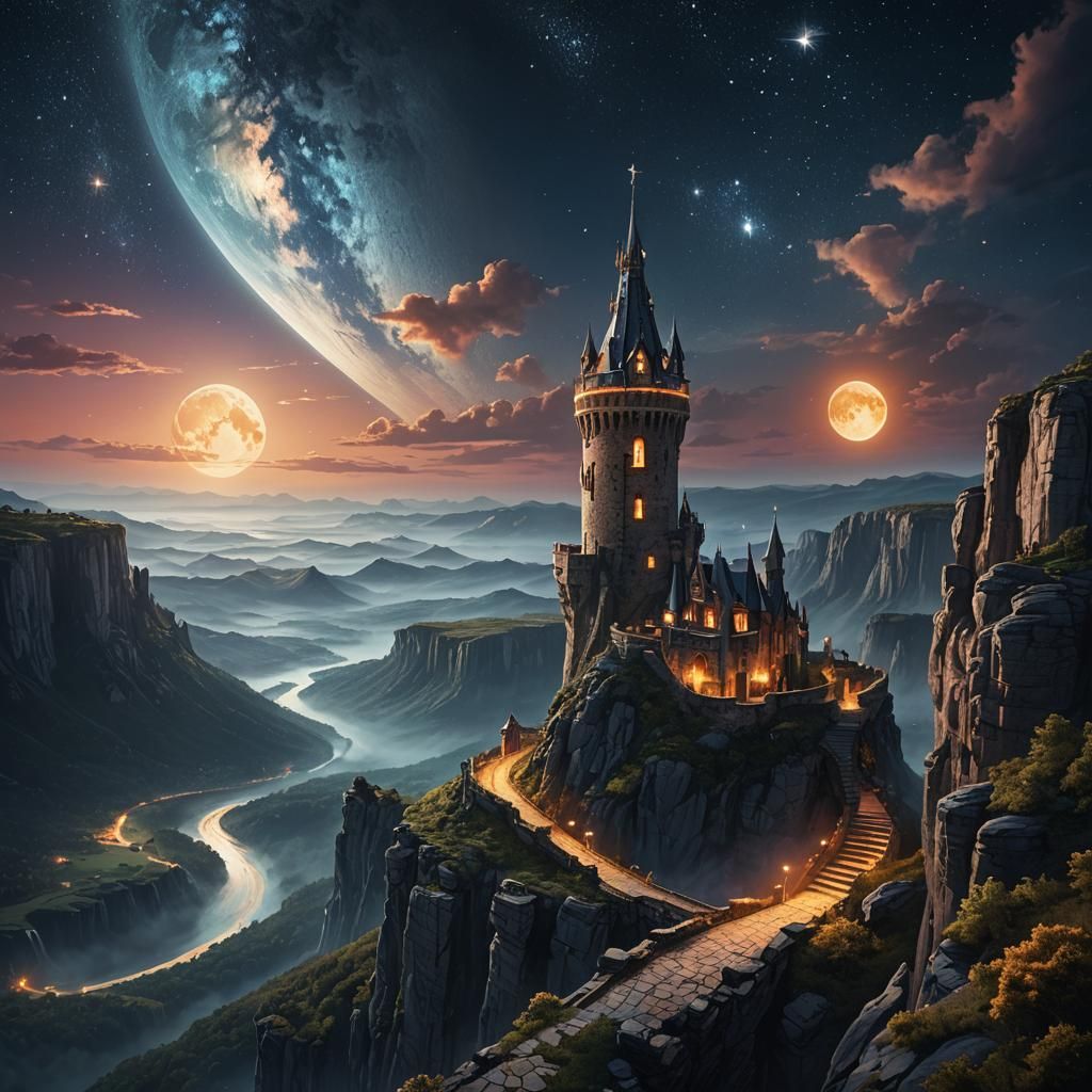 Fantasy Cliffside Tower Under Moonlit Starry Sky