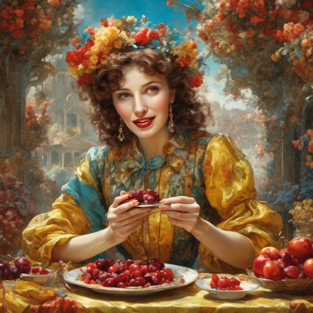 Hyperrealistic Portrait of Woman Eating a Date