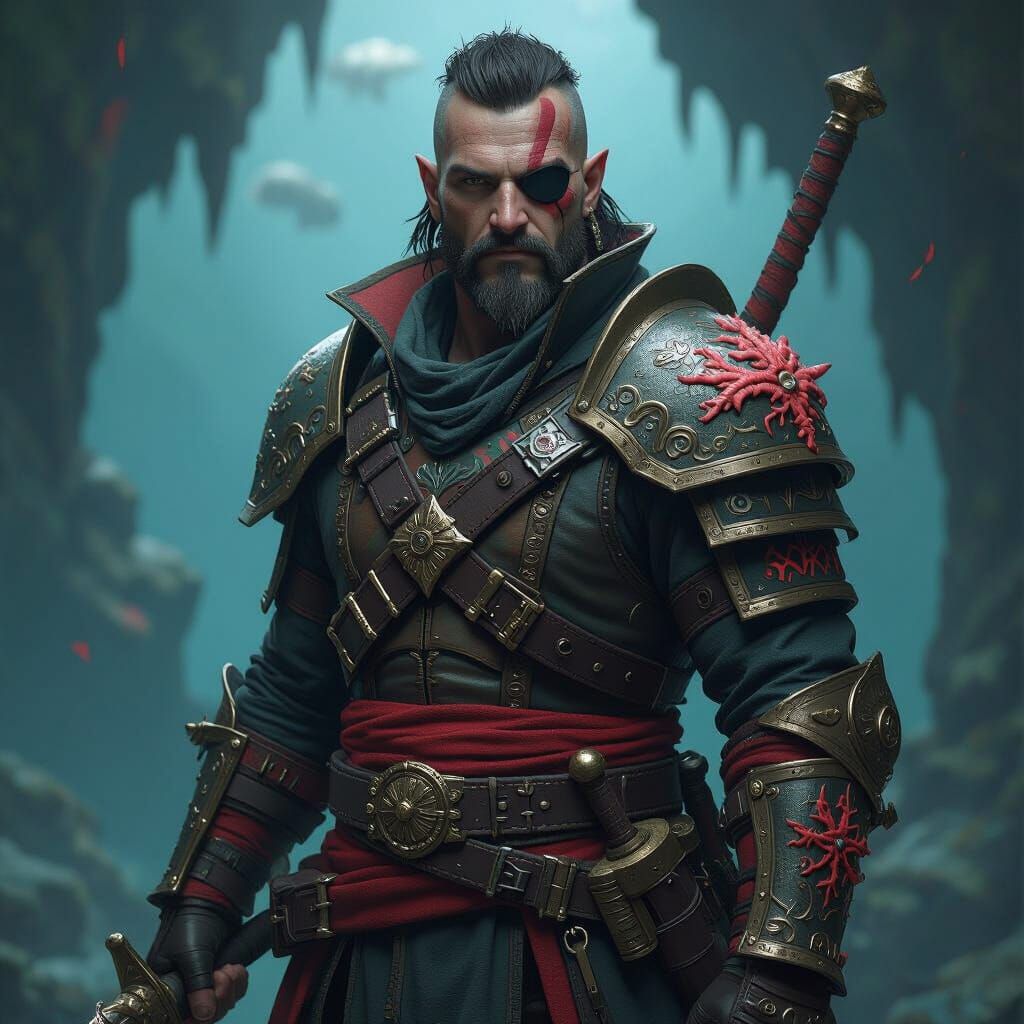 Scarred Pirate Lord in Coral Armor - Dark Fantasy Art
