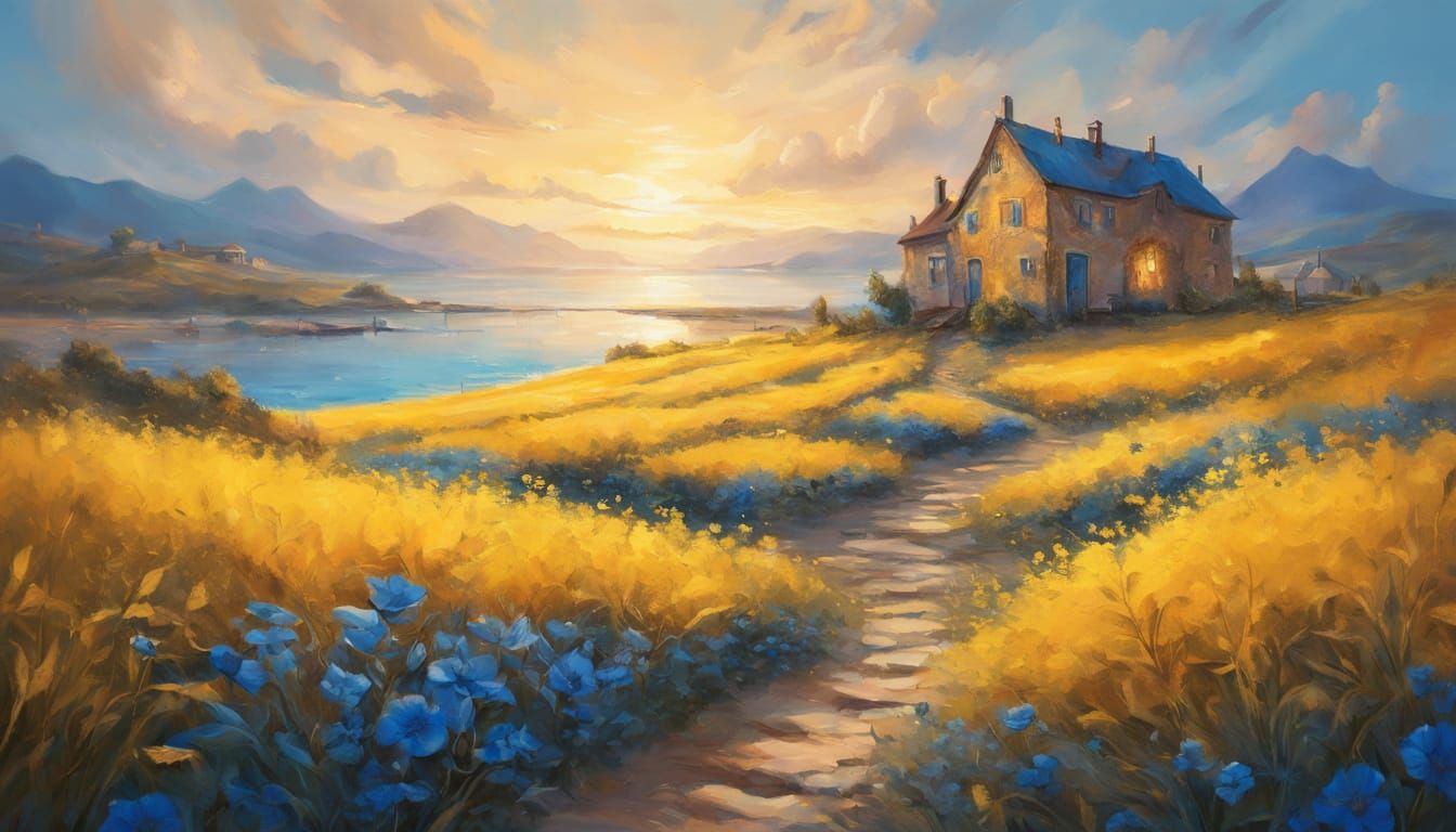 Surreal Blue Village by the Sea in Oil Painting Style