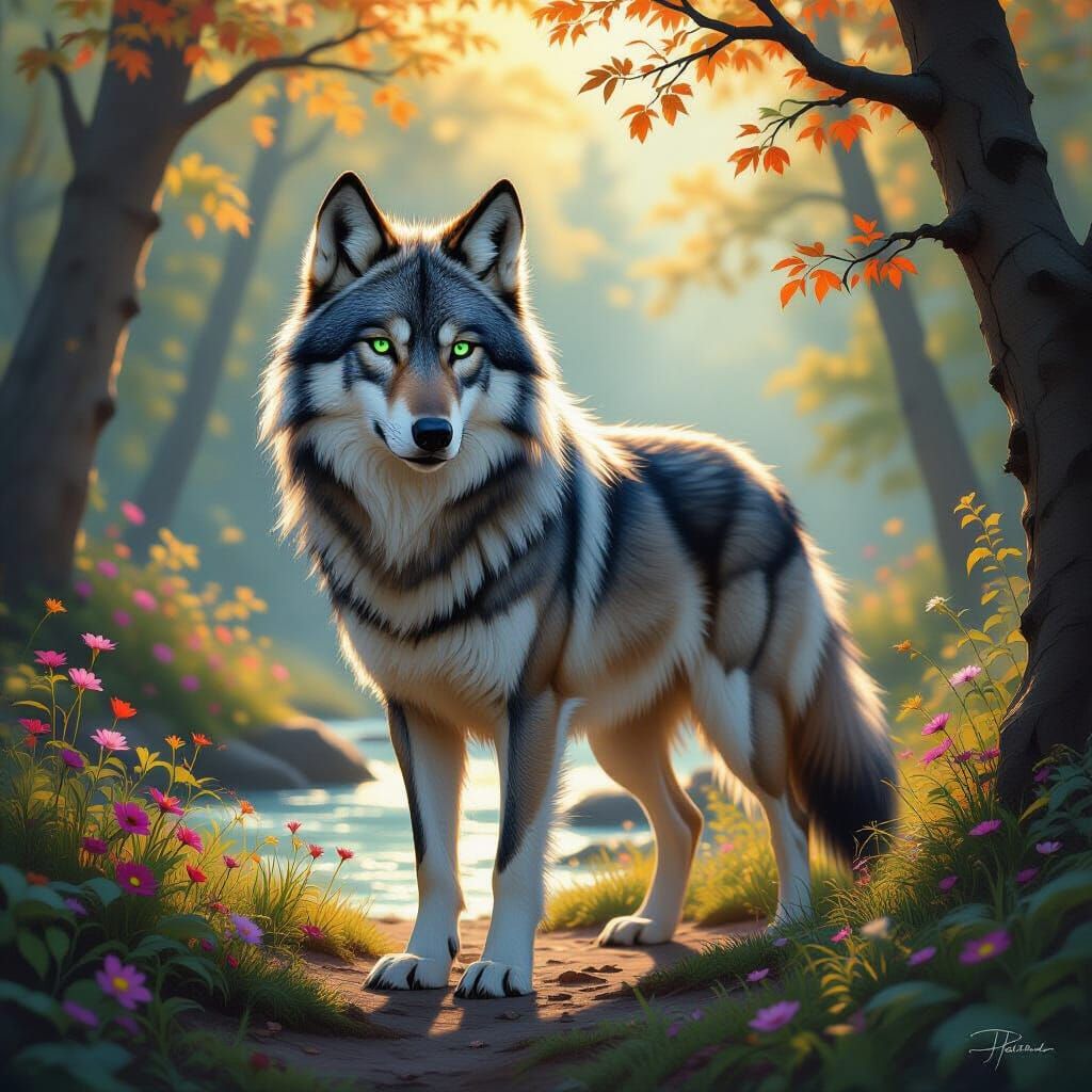 Magnificent Wolf in Enchanted Forest - Fantasy Art