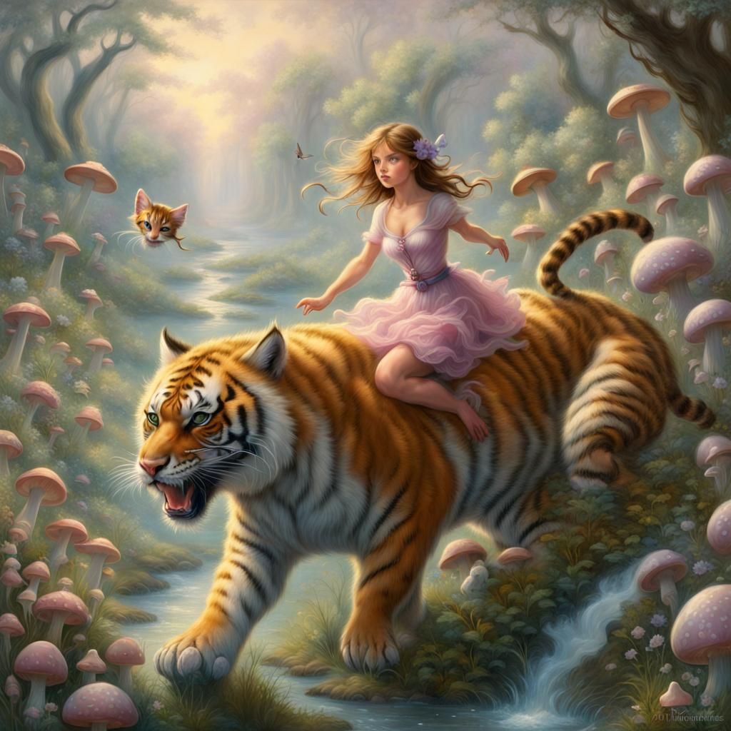 Fantasy Girl on Tiger, Chased by Flying Kittens
