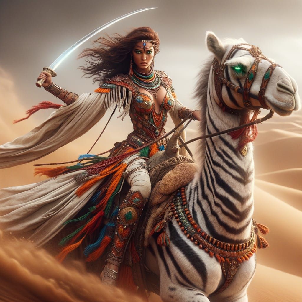 Amazon Warrior on Zebra Camel in Desert Sandstorm