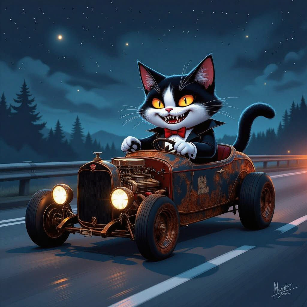 Vampire Cat Drives Rat Rod in Neo-Noir Style
