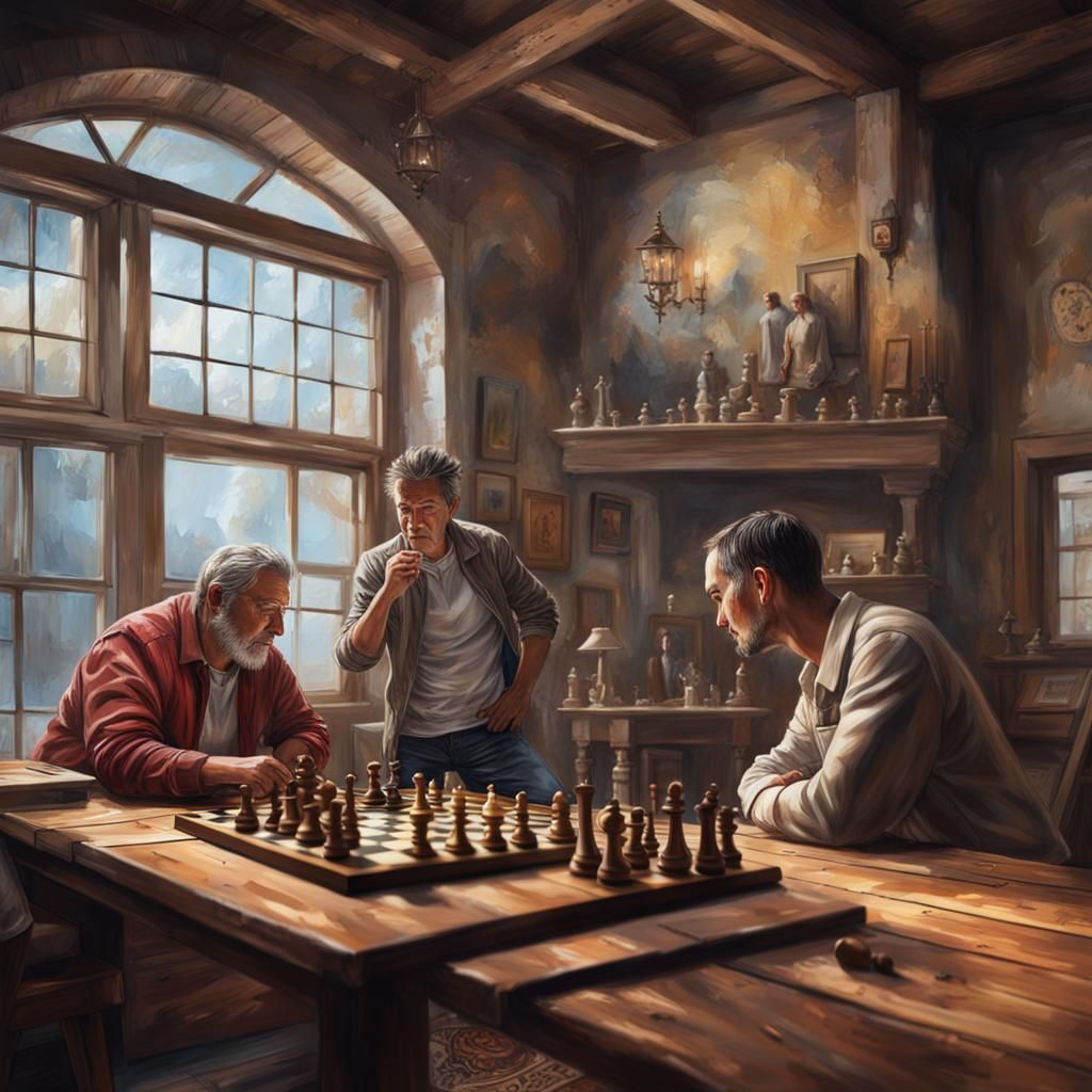 Chess Game in Rustic Room: Hyperrealistic Splash Art