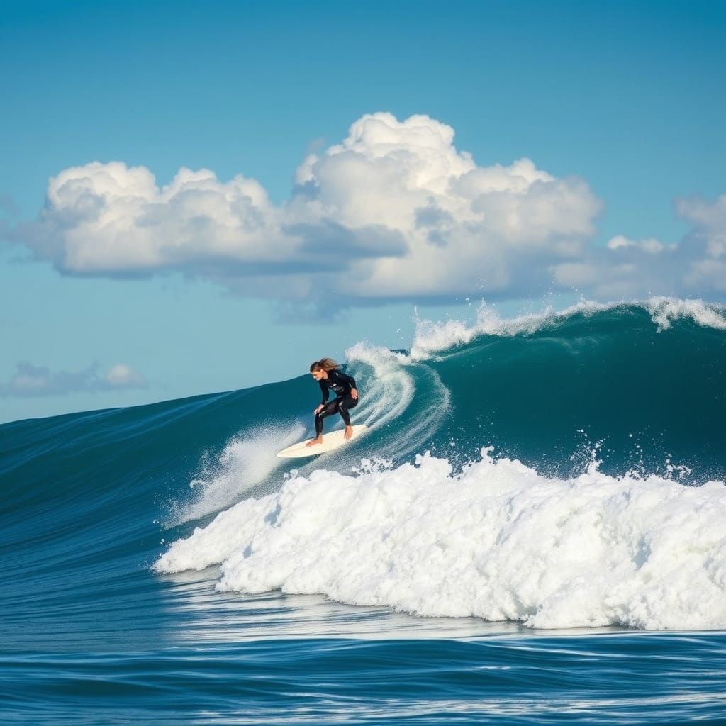 Surfers Ride High Waves in Photorealistic Style