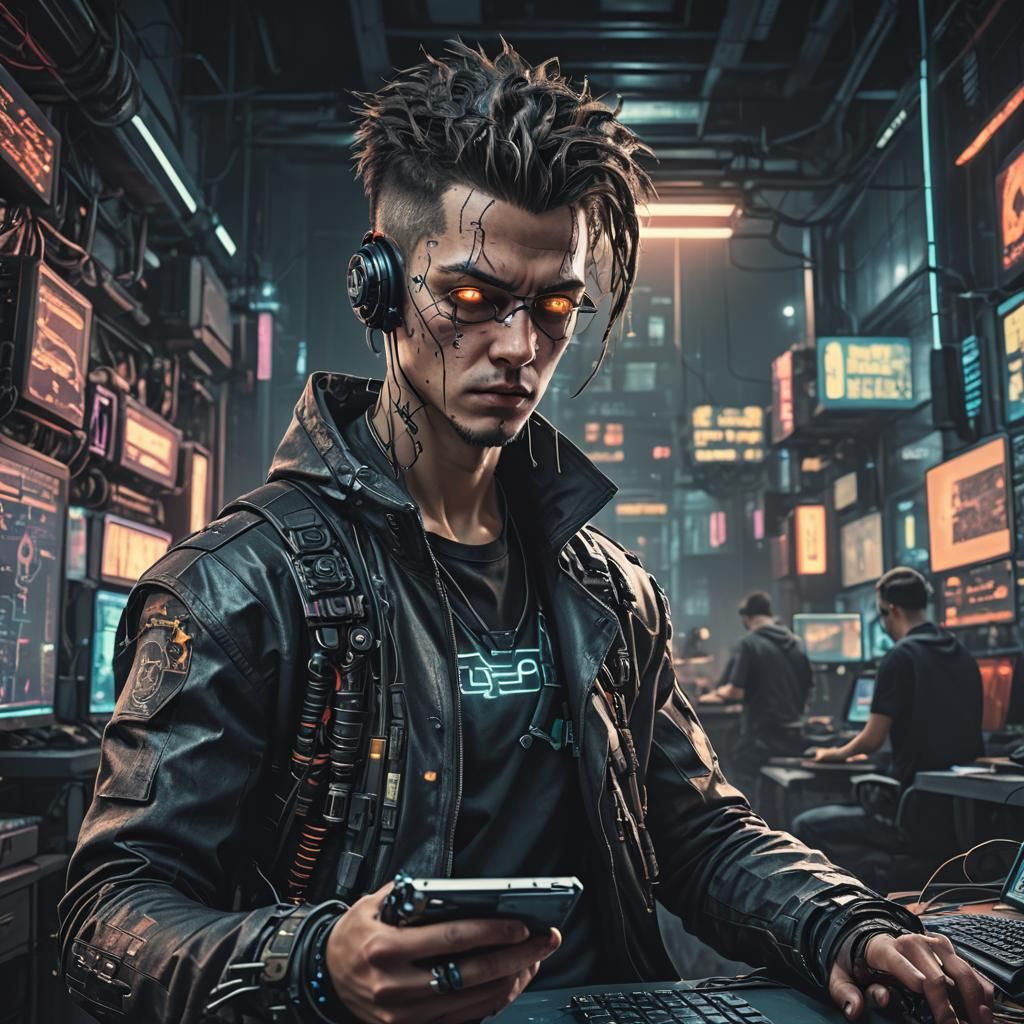 Hyperrealistic Cyberpunk Hacker in Sharp Focus