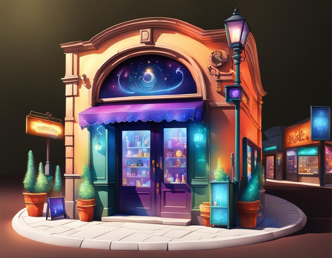 A magic shop with all sorts of magical equipment in the window and with a mystical glow around the exterior, set on a...