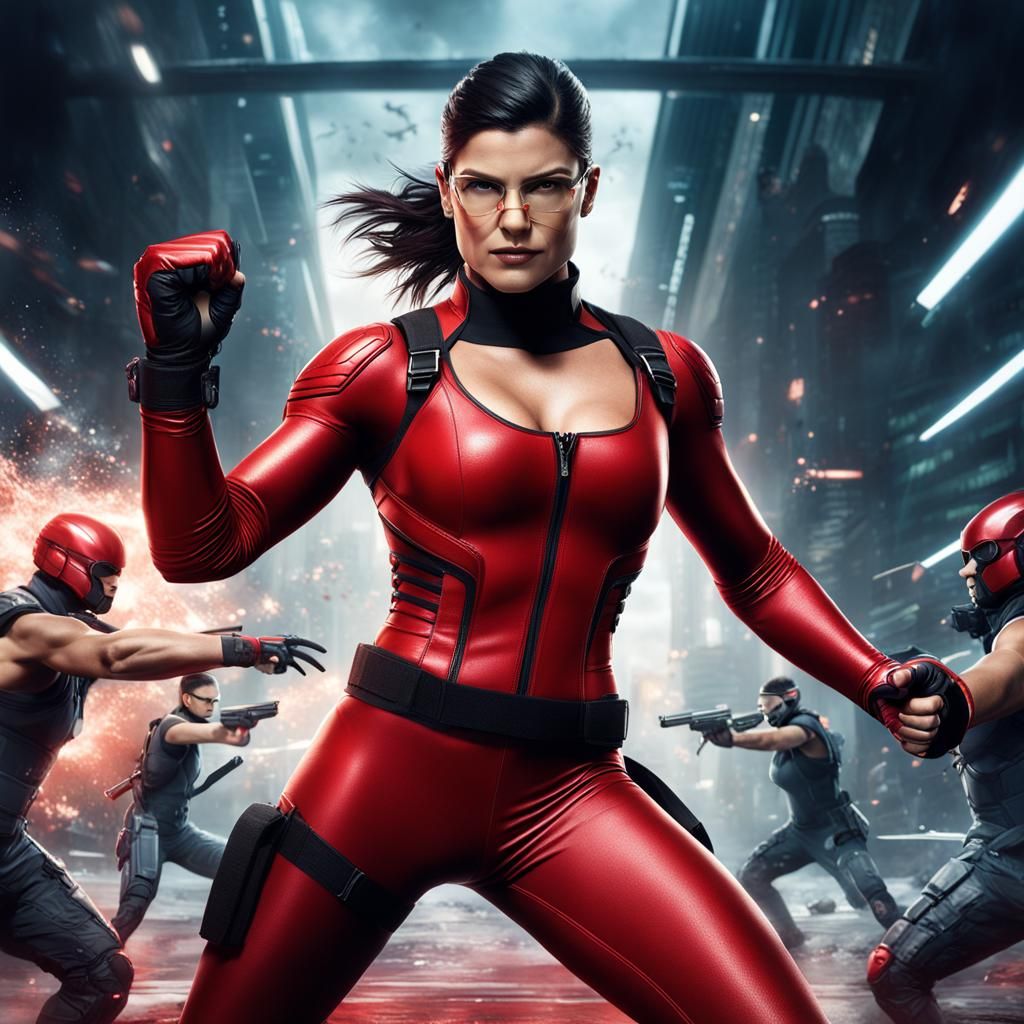 Supermodel in Red Bodysuit: Futuristic Concept Art