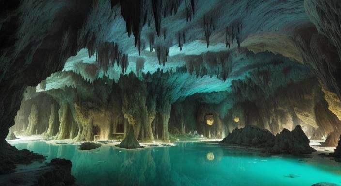 Surreal Cave City Suspended in Stalactites