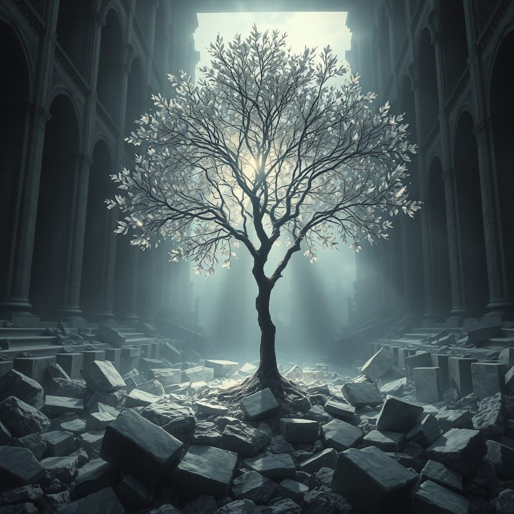 Tree Grows Through Marble Ruins in Ethereal Winter Glow
