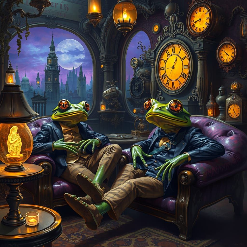 Steampunk Cyborg Frogs in Luxurious Victorian Parlor