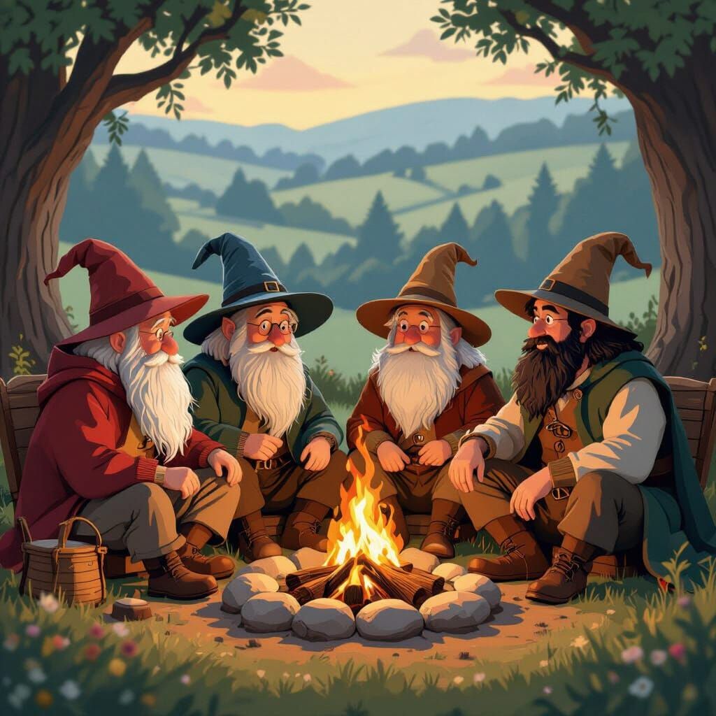 Frodo, Bilbo, Gandalf and Aragorn are sitting around a campfire in the Shire, reminiscing about their adventures, but wi...