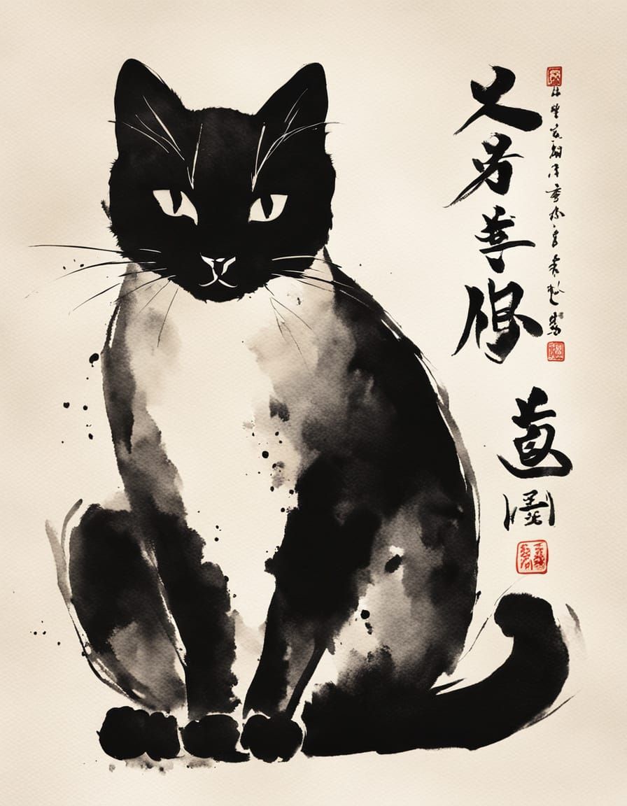 Elegant Sumi-e Cat with Japanese Calligraphy